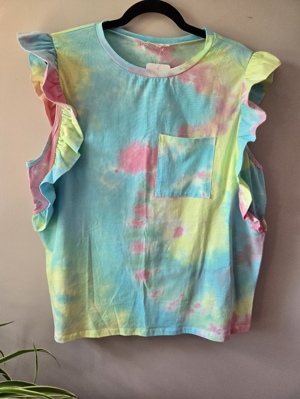 NWT Mainstrip "In The Clouds" Pastel Tie-Dye Ruffle Pocket Top - Plus Size 2XL